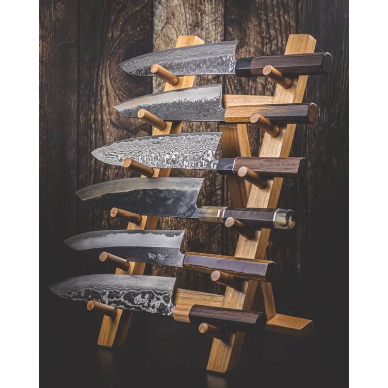 Side view of Wooden Knife Tower Rack Stand with Japanese Knives